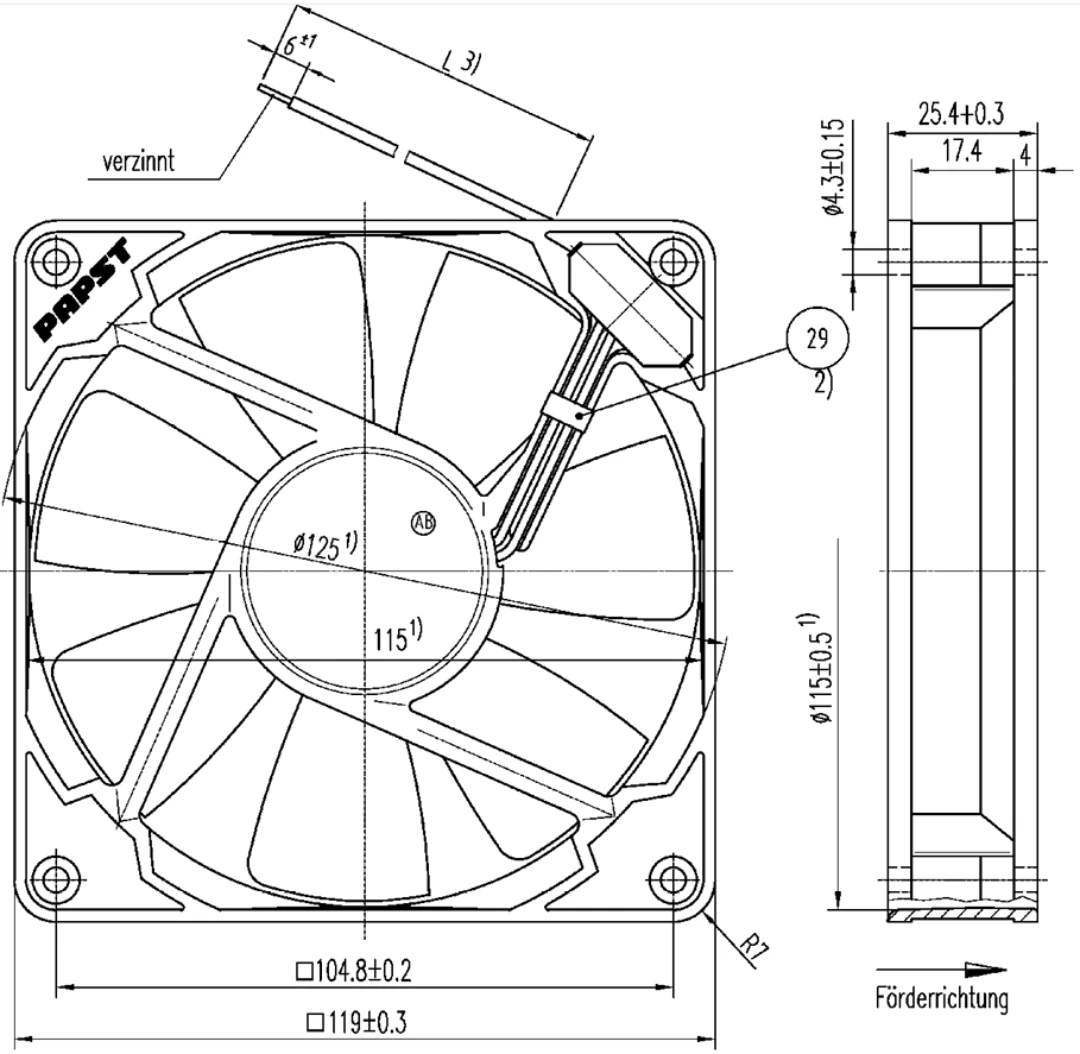Fan axial, ebm-papst 4414FM, 120x120x25mm, 24VDC/3,2W/140m³/h