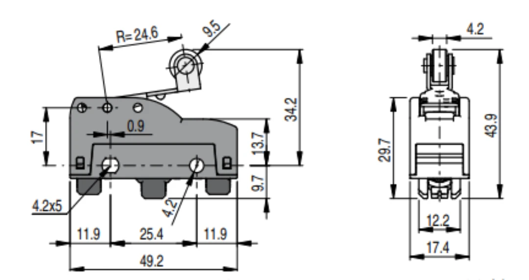 Microswitch, Pizzato MKV12D45, arm l=25mm w. roller D=10mm