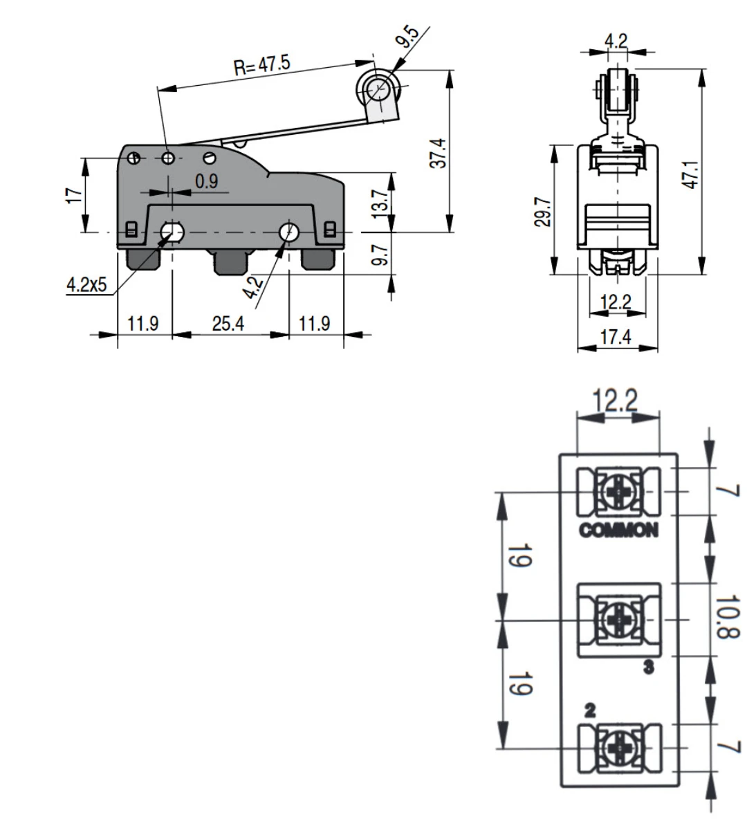 Microswitch, Pizzato, w. lever l=54mm and roller, Screw terminals